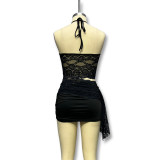 Sexy See-Through Camisole Hollow Lace Patchwork Bodycon Mini Skirt Women's Two Piece Set