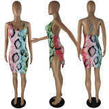 Women Slit Snakeskin Print Dress