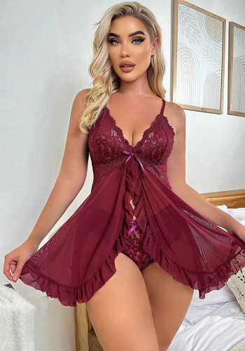 Sexy Burgundy Lace Mesh Slit Nightdress Panty Two Piece Lingerie Set