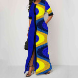 Women's Fashionable Print Contrast Color Round Neck Half-Sleeve High Waist Maxi Dress