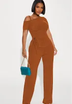 Women's Spring  Slash Shoulder Short Sleeve Pleated Slim Sexy Two-Piece Pants Set