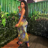 Summer Fashion Digital Print Sexy Strapless Low Back Top High Waist Bodycon Long Skirt Two Piece