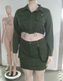 Women Turndown Collar Long Sleeve Pocket Top and Skirt Two-piece Set
