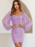 Women's Spring Summer Square Neck Bell Bottom Sleeve Pleated Mesh Sexy Dress
