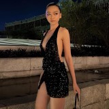 Nightclub Women's Clothing Fashionable Sexy Low Back Deep V Slit Sequins Dress