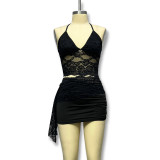 Sexy See-Through Camisole Hollow Lace Patchwork Bodycon Mini Skirt Women's Two Piece Set