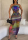Summer Fashion Digital Print Sexy Strapless Low Back Top High Waist Bodycon Long Skirt Two Piece