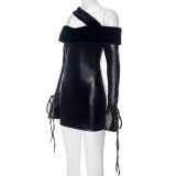 Women Autumn Solid Fur Collar Strapless Pu-Leather Patchwork Dress