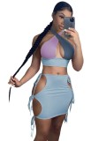 Women sexy v-neck hollow strappy skirt Contrast Color two-piece set
