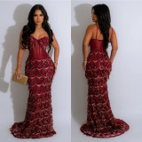 Women Solid Sequin Sexy Strap Maxi Dress