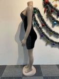 Women Sexy Beaded Velvet Patchwork Mesh See-Through Bodycon Suspender Dress