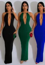 Women Solid Hollow Backless Sleeveless Maxi Dress