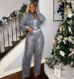 Women sexy fringed sequin See-Through long-sleeved shirt and pant two-piece set