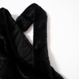 Women Autumn Solid Fur Collar Strapless Pu-Leather Patchwork Dress