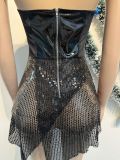 Women Sexy Sequined Mesh See-Through Irregular Slit Strapless Mini Dress