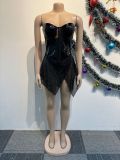 Women Sexy Sequined Mesh See-Through Irregular Slit Strapless Mini Dress