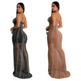 Fashion Women's Solid Color Mesh Beaded Strap Long Dress