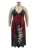 Plus Size Women's Summer Chic Gothic Print Strap Mesh Patchwork Dress