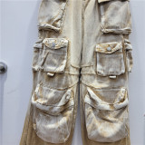 High Street Fashion Gradient Contrast Color Pocket Wide Leg Cargo Denim Women's Trendy Pants