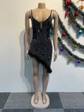 Women Sexy Beaded Mesh Patchwork See-Through Feathered Bodycon Mini Dress