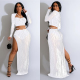 Fashion Women's Solid Color Mesh Beaded Long Sleeve Top Long Skirt Two Piece Set