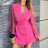Spring Sexy See-Through Mesh Long Sleeve Double Breasted Slim Waist Chic Women Blazer Dress