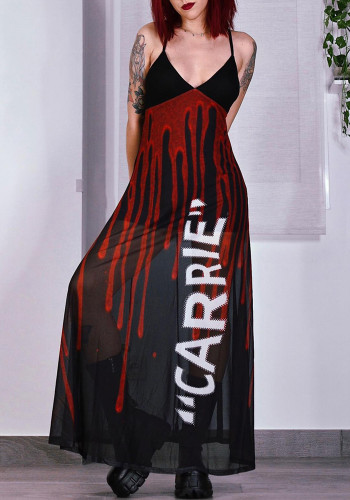 Plus Size Women's Summer Chic Gothic Print Strap Mesh Patchwork Dress