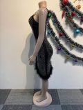 Women Sexy Beaded Mesh Patchwork See-Through Feathered Bodycon Mini Dress