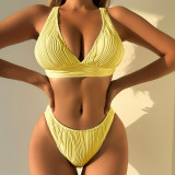 Solid Color Texture Bikini Two Piece Women's High Waist Swimsuit