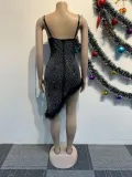 Women Sexy Beaded Mesh Patchwork See-Through Feathered Bodycon Mini Dress