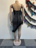 Women Sexy Beaded Mesh Patchwork See-Through Feathered Bodycon Mini Dress