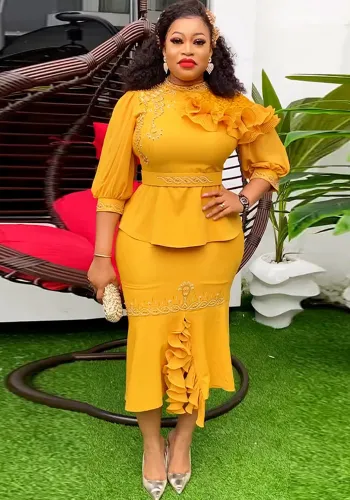 Plus Size African Women Beaded Irregular Dress Two-piece Set
