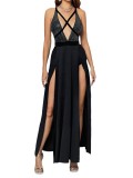 Women Crossover Lace-Up V-neck Slit Backless Sexy Solid Sleeveless Sequin Dress