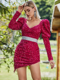 Women Puff Sleeve V Neck Sequin Party Evening Dress Sexy Bodycon Dress