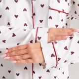 Women Long Sleeve Turndown Collar Heart Print Top and Trousers Casual Loungewear Two-piece Set