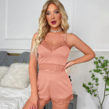 Women suspenders, lace top and shorts, Ribbed home wear two-piece set