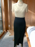 Women Sexy See-Through Beaded Hairstyle Round Neck Short Sleeve Dress