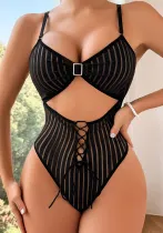Women Striped Backless See-Through Mesh Body Shaping Bodysuit Sexy Lingerie