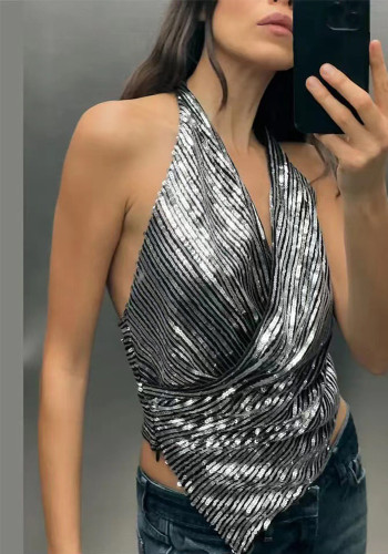 Women Style Sleeveless French Sexy Backless Halter Neck Sequins Top