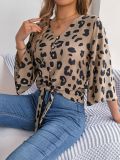 Women Casual Leopard Print Lace Up Chiffon Top