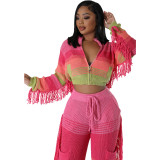 Women Casual Knitting Pocket Crochet Top and Pant Two-piece Set