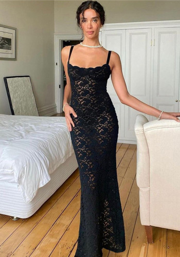 Women Off Shoulder Sexy See-Through Lace Strap Dress