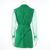 Spring Sexy See-Through Mesh Long Sleeve Double Breasted Slim Waist Chic Women Blazer Dress