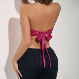 Women Sequin Patchwork Tassel Bow Strapless Backless Herringbone Vest