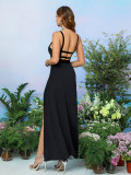 Women Crossover Lace-Up V-neck Slit Backless Sexy Solid Sleeveless Sequin Dress