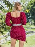 Women Puff Sleeve V Neck Sequin Party Evening Dress Sexy Bodycon Dress