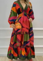 Women elegant v-neck geometric print dress