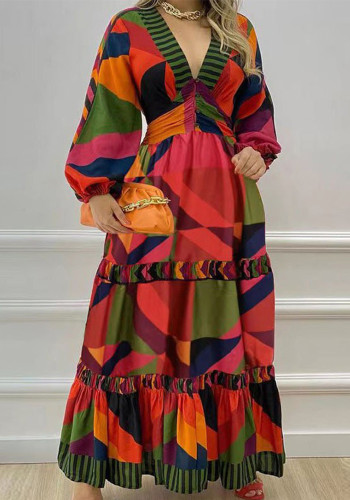 Women elegant v-neck geometric print dress