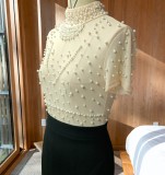 Women Sexy See-Through Beaded Hairstyle Round Neck Short Sleeve Dress