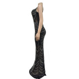 Fashion Women's Solid Color Mesh Beaded Strap Long Dress